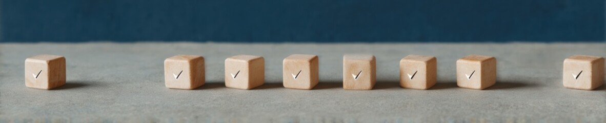 Poster - Minimalist Wooden Cubes with Checkmarks for Efficient Task Management and Productivity in Modern Workplace Settings with Calm and Orderly Aesthetic