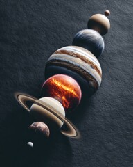 Poster - Solar System Planets Aligned in Diagonal Line with Rings and Moons, Realistic Cosmic Structure for Science Education and Space Discovery Trends
