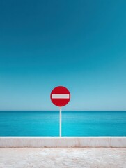 Poster - Minimalist No Entry Sign with Bold Crossed Circle on Clear Surface by Oceanfront - Modern Regulation Symbol for Marketing and Awareness Campaigns