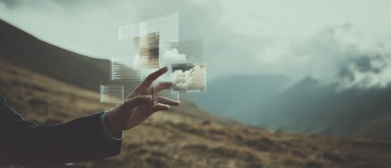 Aufkleber - Transparent Virtual Interface Panel with Cloud Storage and Network Icons Over Mountain Landscape - Modern Tech and Digital Infrastructure Concept