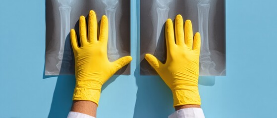 Poster - Professional Radiologist Examining Bone X-Ray Images with Modern Clinical Gloves Premium Healthcare Content for Medical Advertising and Diagnostic Campaigns