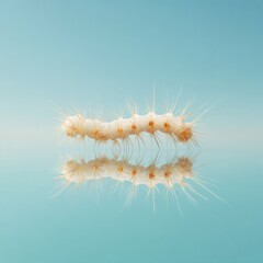 Poster - Macro view of spiny mosquito larva on reflective surface with pastel blue background symbolizing scientific research and entomology innovation