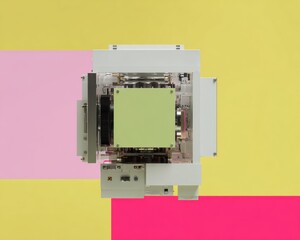 Leinwandbilder - Advanced Quantum Computer Core Module with Visible Cooling and Metallic Architecture in Minimalist Color Block Tech Environment for Innovation Marketing