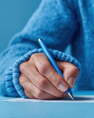Poster - Close-up of hand writing exam paper with blue pen on desk, symbolizing academic test focus and calm study environment for education marketing