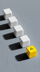 Poster - Minimalist row of white cubes with checkmarks and a single yellow warning cube on gray surface symbolizing error correction and risk detection for workplace safety