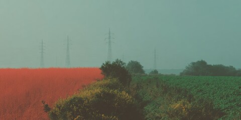 Aufkleber - Predictive analytics graph overlay on electric transmission towers in rural landscape, showcasing energy demand forecasting and infrastructure optimization