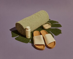 Aufkleber - Premium Summer Vacation Essentials with Rolled Towel, Sandals, and Sunscreen on Tropical Leaf for Modern Lifestyle Social Media Campaigns