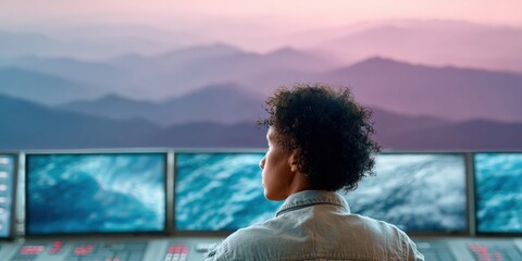 Aufkleber - Modern Emergency Response Specialist Monitoring Wildfire Data on Multiple Screens at Sunset with Mountain View for Crisis Management