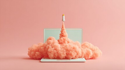 Poster - Creative Startup Launch Concept with Laptop Rocket Taking Off Through Dense Cloud Plume on Soft Pink Background for Business Innovation