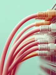 Poster - Close-up of organized digital network backbone with pastel cables in server farm symbolizing efficient data transfer and modern digital infrastructure growth
