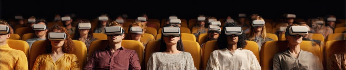 Poster - Immersive VR Cinema Experience with Diverse Audience Wearing Headsets in Modern Theater Showcasing Future of Group Entertainment and Technology
