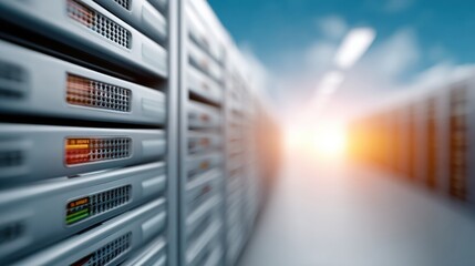 Poster - Modern Storage Array with Hard Drives and Network Router Panels in Data Center Server Room Highlighting Scalable IT Infrastructure and High Performance