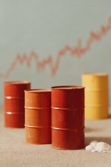 Aufkleber - Industrial Barrels with Rising Financial Graph Background Symbolizing Global Market Trends and Economic Growth in Energy Sector Investments