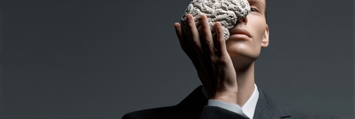 Poster - Businessman Holding AI Brain Hologram with Digital Interface Technology for Data-Driven Decisions and Automation in Modern Industry Trends