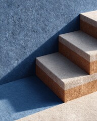 Poster - Textured Geometric Staircase with Layered Concrete and Blue Wall Shadow - Modern Architectural Detail for Interior Design and Branding Concepts