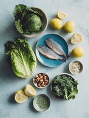Aufkleber - Anti-Inflammatory Foods Flatlay with Fresh Fish, Leafy Greens, Nuts, Citrus on Blue Tabletop for Wellness Marketing and Evidence-Based Nutrition