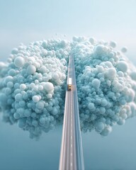Poster - Autonomous Truck with AI Sensors Crossing Futuristic Bridge Surrounded by Geometric Spherical Cloud Smart Transportation and Vehicle Automation Innovation