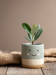 Poster - Cozy Minimalist Potted Plant with Happy Face Ceramic Pot on Wooden Table - Wellness and Growth Mindset Symbol for Positive Home Environments