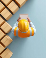 Poster - Efficient Warehouse Worker in Safety Vest Using Tablet for Inventory Management in Modern Distribution Center with Organized Packaging