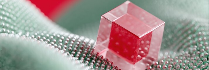 Poster - Futuristic Transparent Cube on Metallic Fabric with Digital Light Reflections Modern Technology and Innovation Concept for Advanced Data Systems