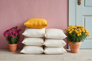 Poster - Contemporary Sandbags Stack with Bright Yellow Accent Pillow and Vibrant Potted Flowers in Stylish Interior - Modern Home Decor and Eco-Friendly Textiles