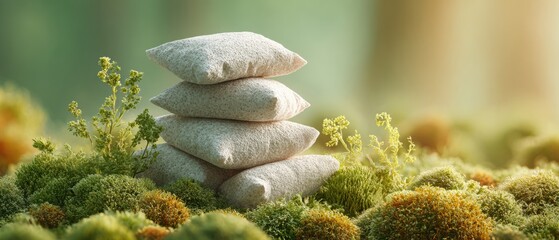 Poster - Silica Gel Desiccant Packets Stacked on Mossy Surface with Soft Natural Light Symbolizing Eco-Friendly Moisture Protection and Safe Shipping Solutions