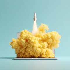 Poster - Innovative rocket launching from laptop screen with vibrant yellow smoke cloud, dynamic digital startup concept for tech growth and online business acceleration
