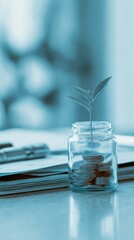 Aufkleber - Modern Professional Investment Growth Concept with Small Plant on Coins in Glass Jar Premium Financial Content for Millennial Marketing Campaigns
