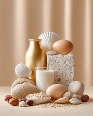 Aufkleber - Minimalist Metabolic Balance Food Arrangement with Dairy, Nuts, Seeds, and Grains for Bone Health and Preventive Nutrition in Modern Wellness