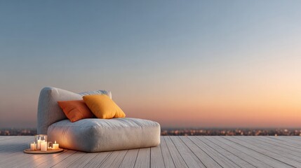 Aufkleber - Modern Cozy Outdoor Living Area with Plush Seating and Candles on Wooden Deck Premium Urban Lifestyle Content for Millennial Relaxation Marketing