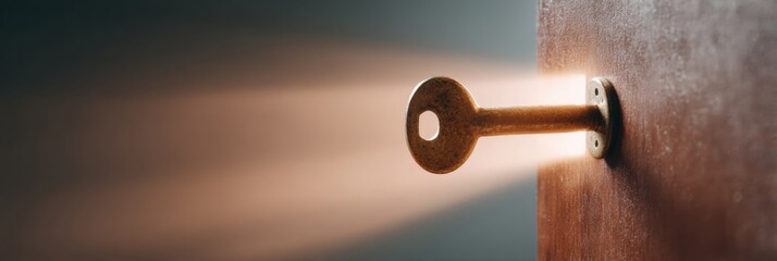 Poster - Motivational Vintage Antique Key in Rustic Wooden Door with Light Beams Unlocking Dreams and New Beginnings for Personal Growth and Opportunity