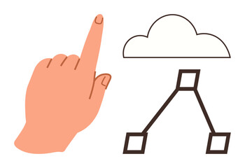 Poster - Hand pointing towards a cloud icon connected to a network diagram of boxes. Ideal for technology, cloud computing, data sharing, connectivity, online storage, innovation, development. Simple flat