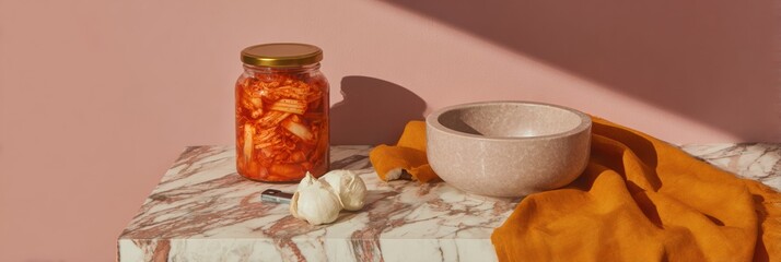 Aufkleber - Modern Gut Health Flatlay with Kimchi Jar, Marble Bowl, Turmeric-Orange Napkin, and Lab pH Strip - Wellness and Fermented Food Trend Aesthetics