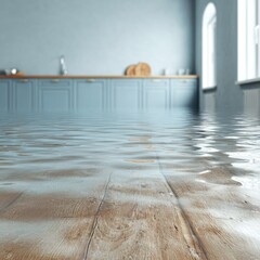 Aufkleber - Premium Authentic Flood Damage in Modern Kitchen with Warped Hardwood Floor High Quality Home Insurance Content for Family Marketing Campaigns