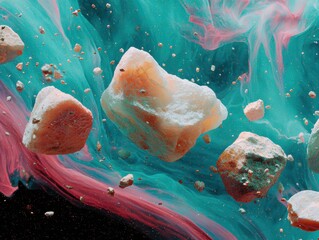 Poster - Cosmic Asteroid Fragments Floating in Vibrant Space Nebula with Dynamic Dust Trails for Sci-Fi Marketing and Futuristic Science Campaigns