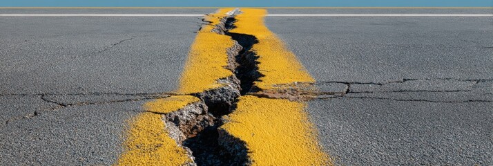 Aufkleber - High-Quality Fractured Asphalt Road with Jagged Cracks and Broken Barriers Modern Seismic Disaster Prep Content for Professional Marketing Campaigns