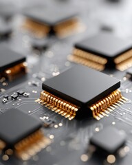 Aufkleber - Quantum Semiconductor AI Chip with Gold Circuit Board Detailing for Advanced Computing and Big Data Innovation in Modern Technology Platforms