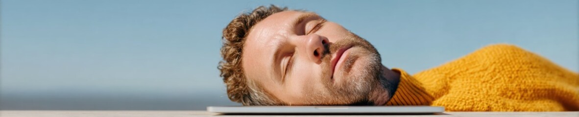 Poster - Modern professional male investor exhausted and yawning at office desk with laptop and papers, symbolizing workplace burnout and fatigue in business finance