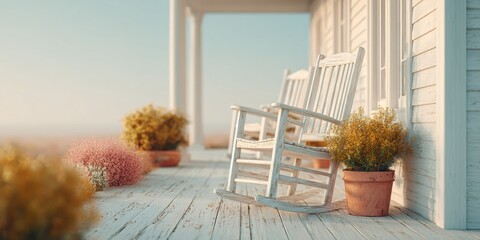 Aufkleber - Premium Rustic Wooden Porch with Rocking Chairs and Potted Plants Authentic Relaxing Home Lifestyle for Millennial Real Estate Marketing and Social Media