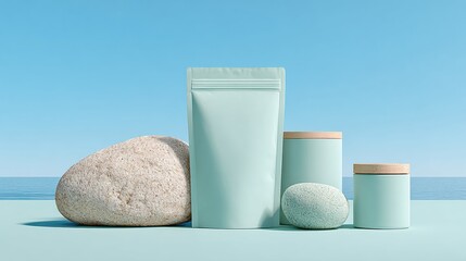 Aufkleber - Minimalist functional ingredients display with natural rock, resealable powder bag, and modern containers for clean label supplement branding