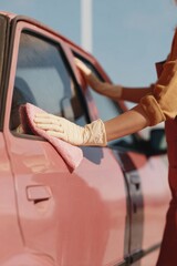Poster - Professional Millennial Body Alignment Expert Repairing Car Dents with Precision Gloves Authentic Automotive Service for Premium Marketing and Social Media Campaigns