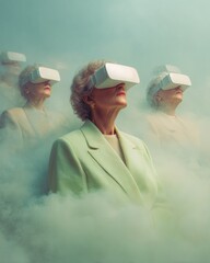 Aufkleber - Mature woman immersed in VR cinema experience with generative AI visuals, symbolizing AI storytelling and digital entertainment innovation