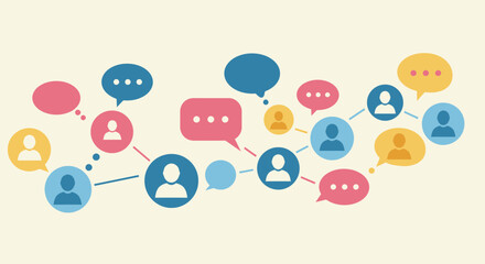 Conceptual network with people icons and speech bubbles showing communication