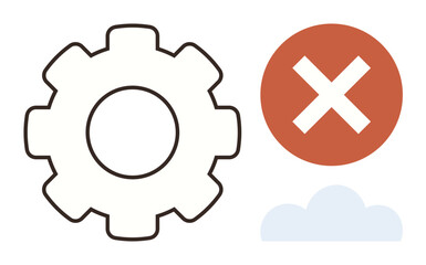 Poster - Gear beside red cross and small cloud conveying system issue, technical error, or interrupted process. Ideal for technology, troubleshooting, failure, cloud computing, system errors, IT issues