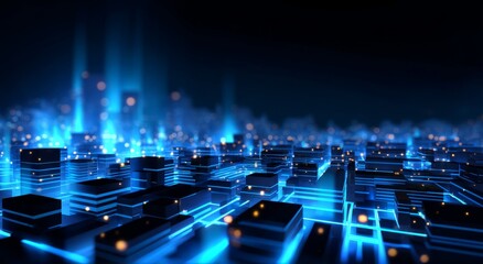 Poster - Abstract 3D Rendering of a Digital Cityscape with Glowing Elements and Futuristic Designs