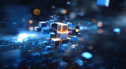 Fototapete - Abstract Digital Circuit Board with Glowing Blue Elements and Floating Cubes in Motion