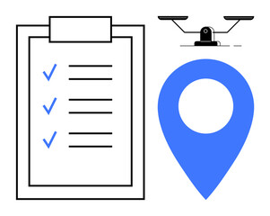 Poster - Clipboard with checklist, blue map marker, and justice scale highlighting productivity, decision-making, navigation, evaluation, workflow management, legal principles, and balance as a simple flat