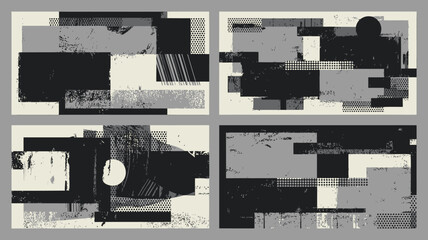 Poster - Four abstract art panels featuring geometric shapes in black gray and white with grunge textures present