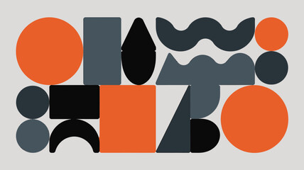 Poster - Geometric composition featuring circles squares and abstract shapes in orange gray and black colors