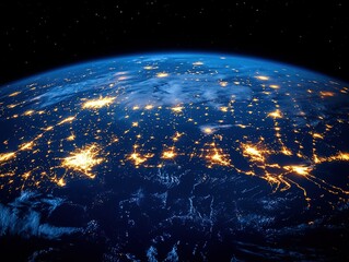 Poster - Illuminated Digital Earth Network Node Connections: Global Data Interconnection, AI Tech Innovation, Futuristic Concept on Dark Background with Blue Light Effect